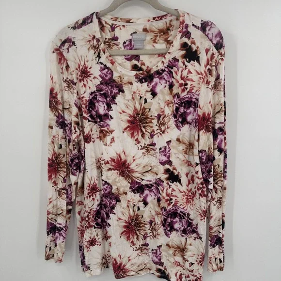 Chicos Shirt Womens XL Floral Long Sleeve Pink Purple Dahlia Print Stretch Top - Picture 1 of 9